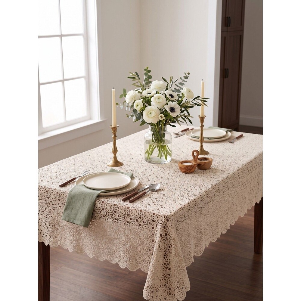 Large Handmade Beige Crochet Lace Tablecloth 88x98 Excellent Condition